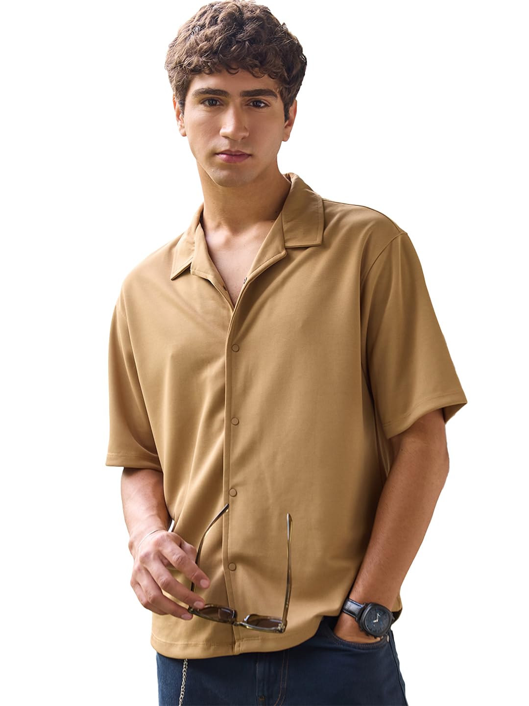 Bewakoof Mens Solid Oversized Fit Half Sleeve Resort Collar Jacquard Shirt_684275_Brown_XL