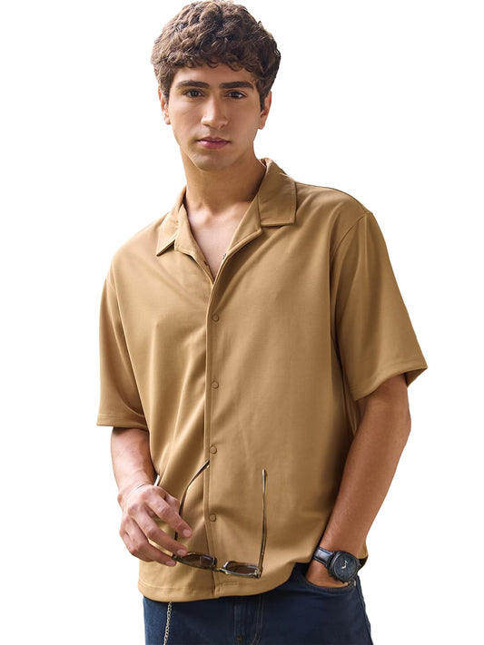 Bewakoof Mens Solid Oversized Fit Half Sleeve Resort Collar Jacquard Shirt_684275_Brown_XL