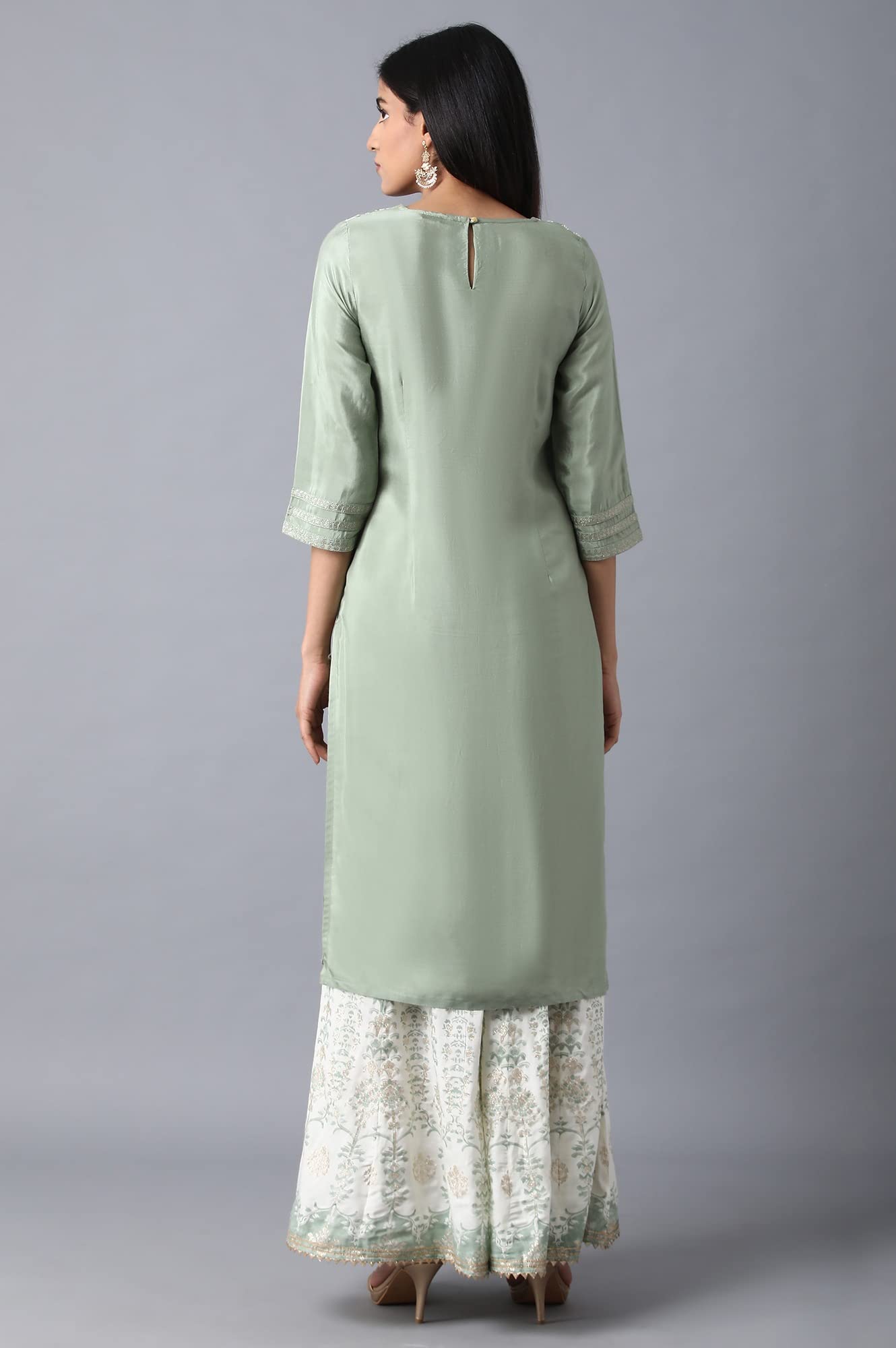 W For Woman Orange Floral Printed Regular Kurta with Dori Embroidery