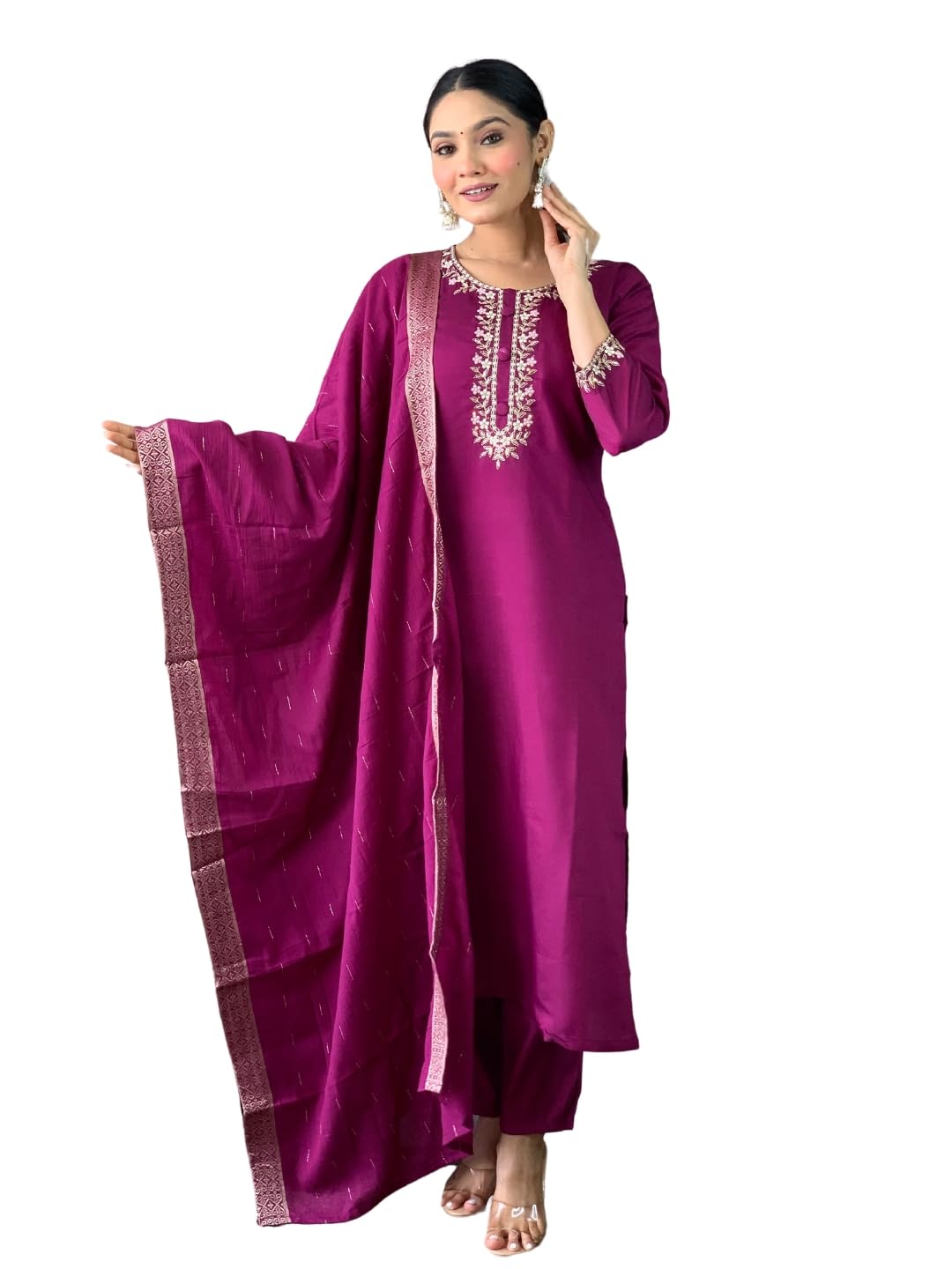Naixa Womens Wine Chanderi Viscose Embroidered Straight Kurta with Chanderi Viscose Pant and Cotton Laced Dupatta Sets (NX-S-Em