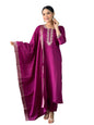 Naixa Womens Wine Chanderi Viscose Embroidered Straight Kurta with Chanderi Viscose Pant and Cotton Laced Dupatta Sets (NX-S-Em