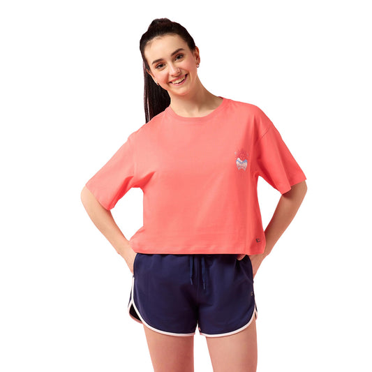 Enamor Womens Graphic Oversized Fit T-Shirt (E3G5_Coralpink Sunrise