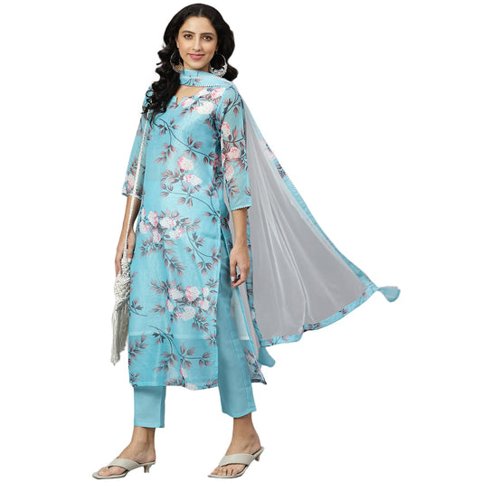 ANNI DESIGNER Women's Cotton Blend Printed Straight Kurta with Pant & Dupatta (Itta)