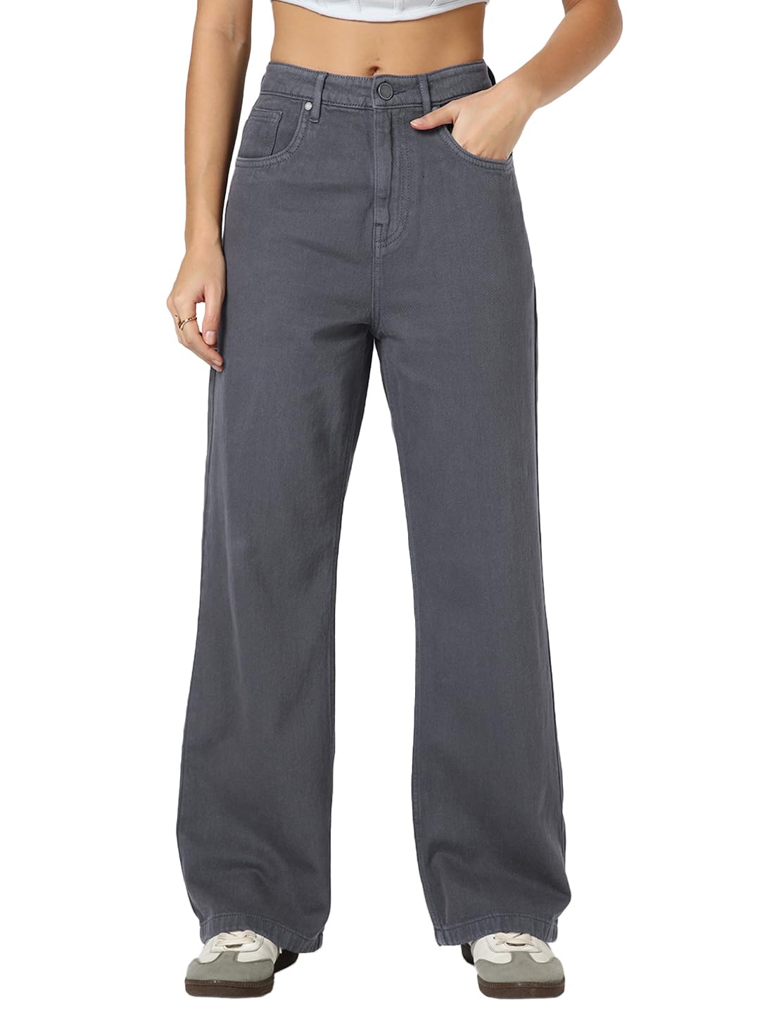Bewakoof Womens Solid Straight Fit Pure Cotton Jeans_1004046_Grey_34