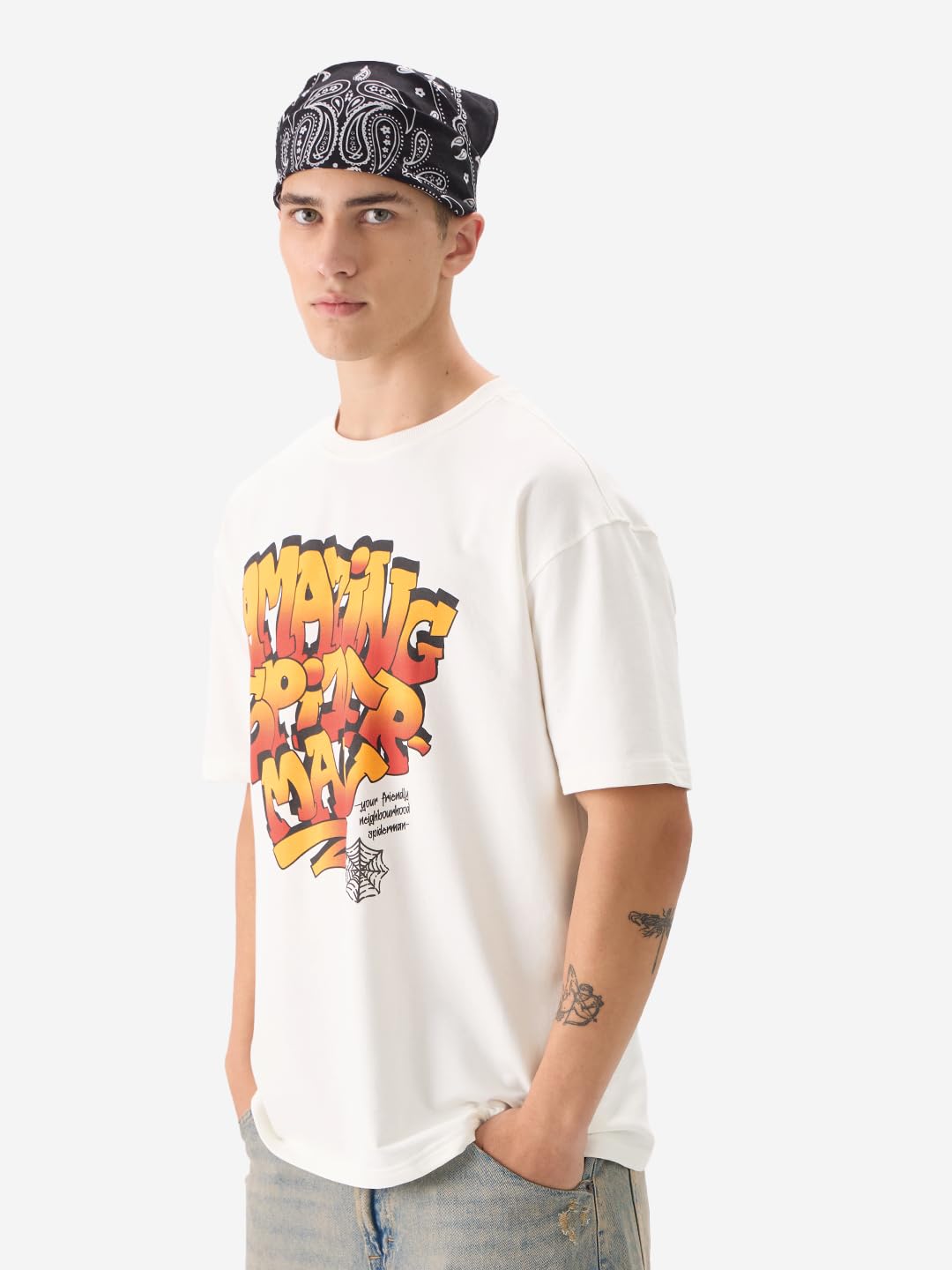 The Souled Store Official Spider-Man: Amazing Spiderman Men and Boys Marvel Short Sleeve Round Neck White Graphic Printed Cotton
