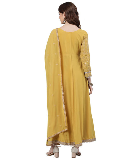 ishin Women's Georgette Anarkali Embroidered Chikankari Floral Print Mustard Kurti with Dupatta