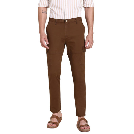 Dennis Lingo Mens Slim Fit Multi-Pocket Stretchable Cargo Trousers Brown