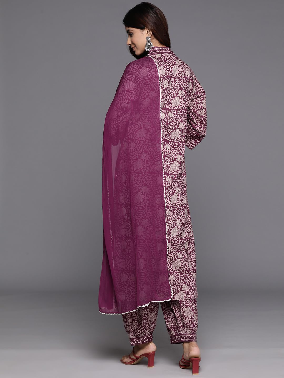 Varanga Women Purple Floral Printed Straight Kurta With Afghani Bottom And Dupatta