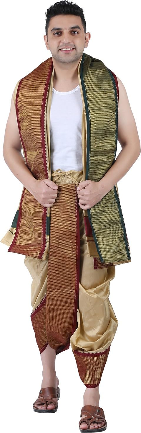PRAKASAM COTTON Mens Asha Silk Panchakacham Ready to wear dhoti towel set with pocket panjakejam dhoti with pocket readymade dho