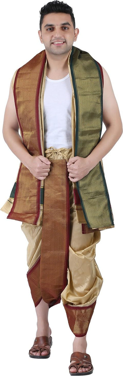 PRAKASAM COTTON Mens Asha Silk Panchakacham Ready to wear dhoti towel set with pocket panjakejam dhoti with pocket readymade dho