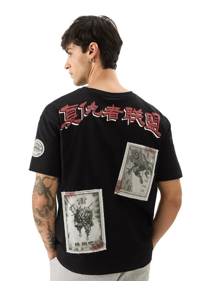 The Souled Store Official Marvel: Comic Cards Men and Boys Short Sleeve Round Neck Black Graphic Printed Cotton Oversized T-Shir