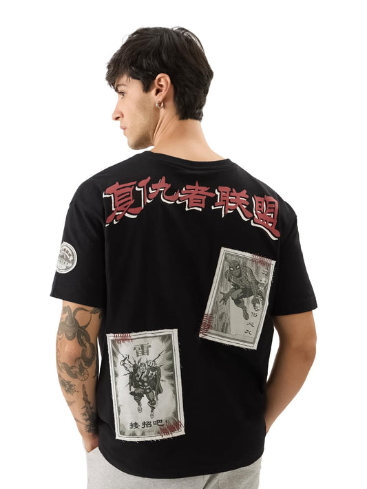 The Souled Store Official Marvel: Comic Cards Men and Boys Short Sleeve Round Neck Black Graphic Printed Cotton Oversized T-Shir