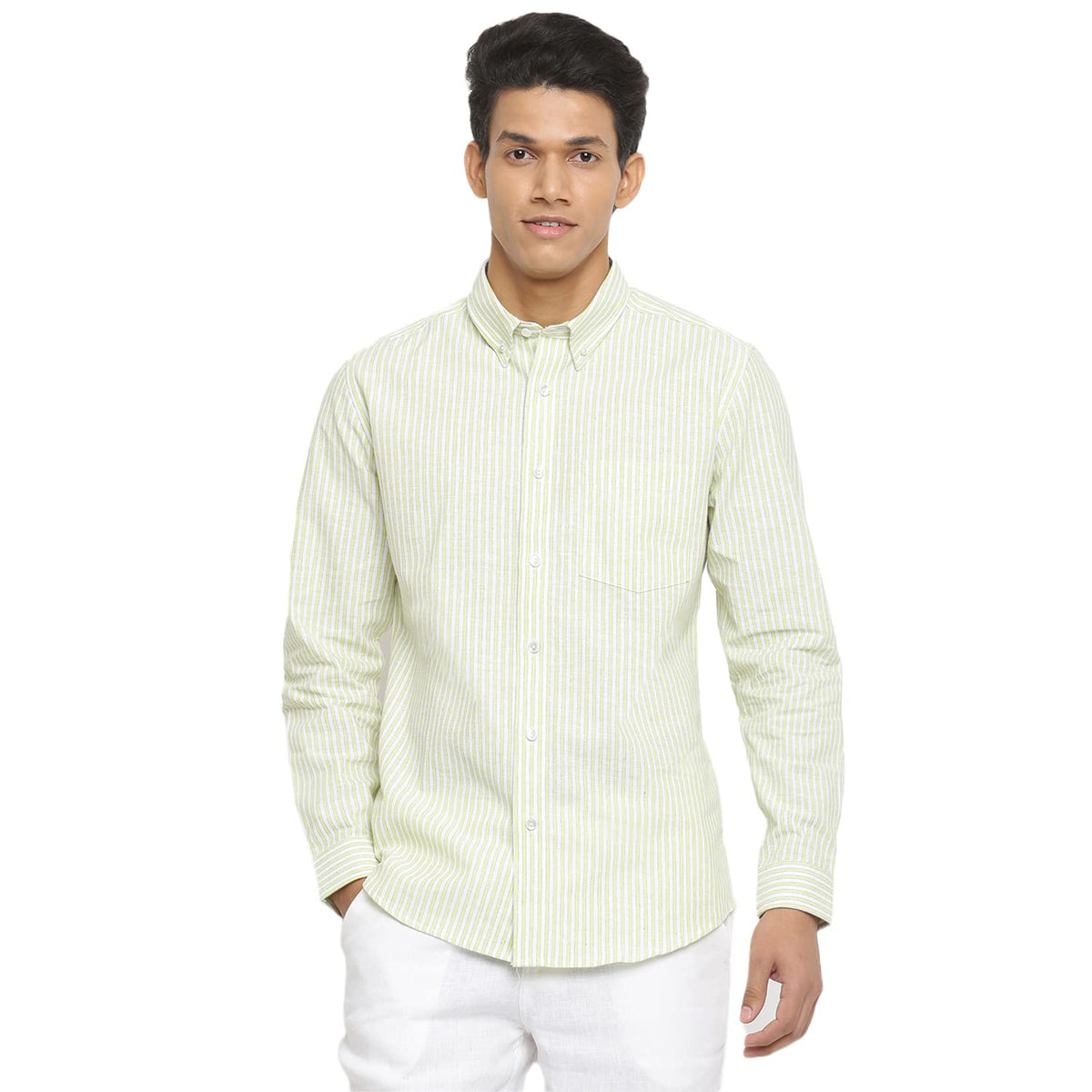 Fabindia Men Linen Regular Collar Casual Slim Fit Shirt Striped_Xs Green