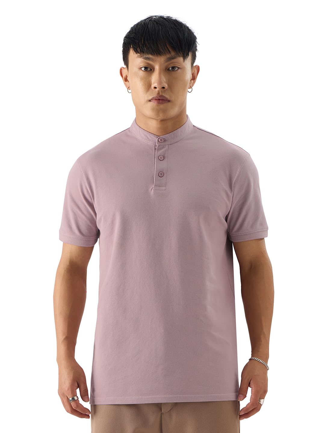 The Souled Store Solids: Dusty Peach Men and Boys Short Sleeve Regular Fit Mandarin Collared Neck Polos Mens Polos Plain Tees C
