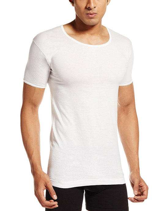 PRAKASAM COTTON Mens Combed Cotton Round Neck Half Sleeve White Vest with Extended Length for Easy Tuck (Gold) Pack of 3