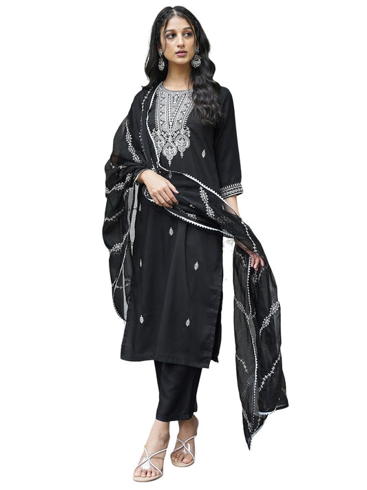 Sanisa Women's Rayon Blend Sequins Embroidery Straight Kurta with Pant and Dupatta Set