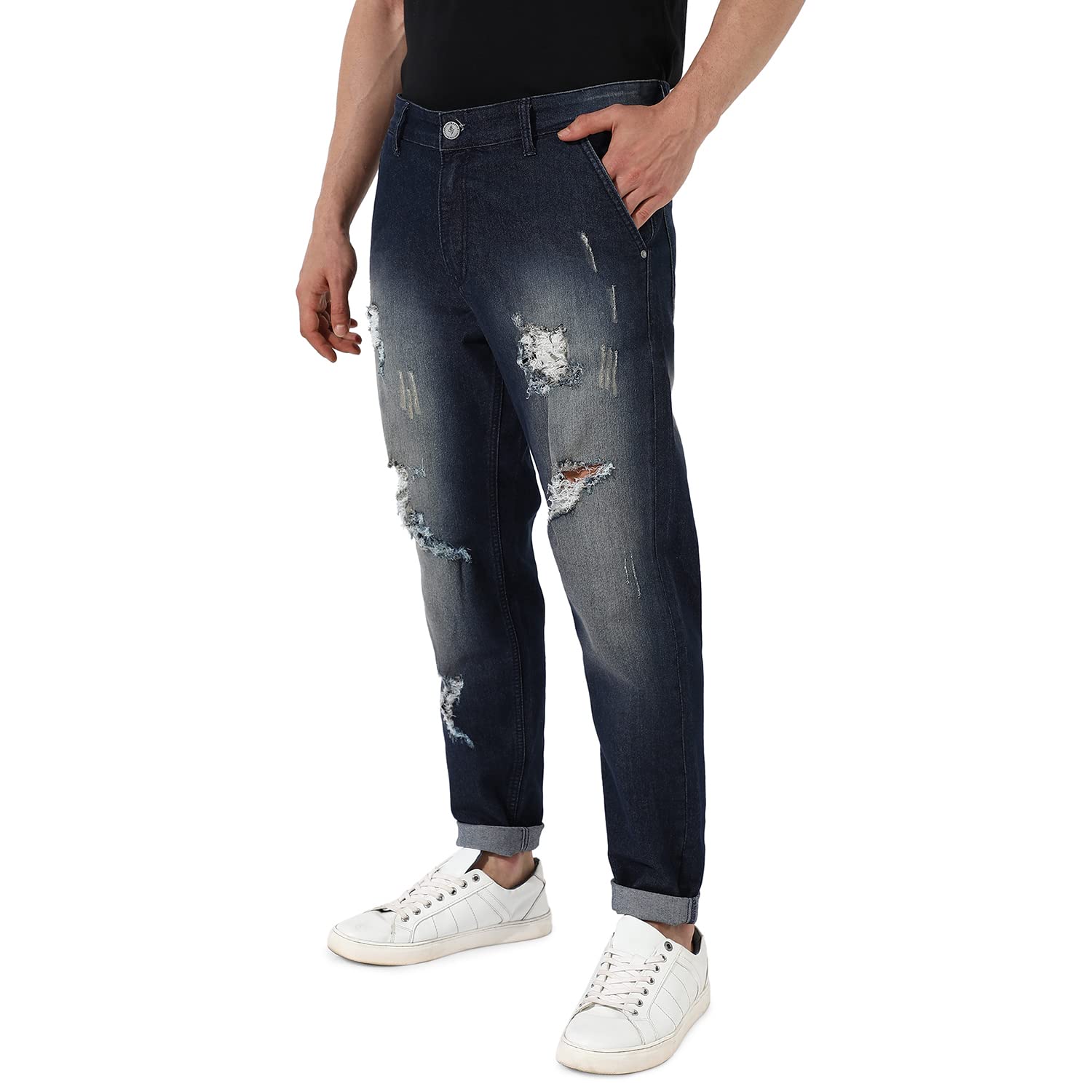 Campus Sutra Mens Dark Blue Ripped Dark-Wash Denim Jeans | Stretchable Cotton Mid-Rise Denim Jeans Crafted with Comfort Fit and