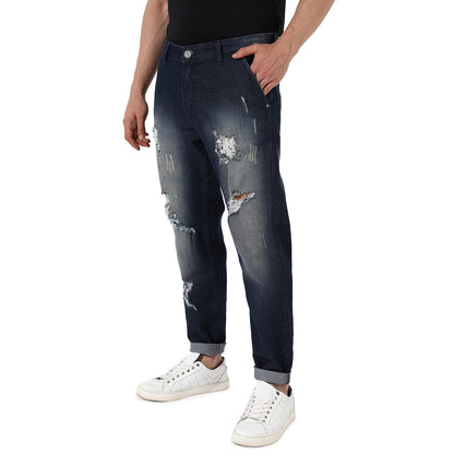 Campus Sutra Mens Dark Blue Ripped Dark-Wash Denim Jeans | Stretchable Cotton Mid-Rise Denim Jeans Crafted with Comfort Fit and