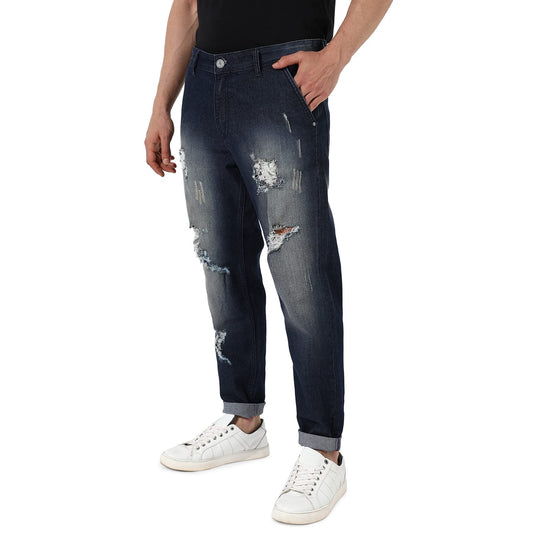 Campus Sutra Mens Dark Blue Ripped Dark-Wash Denim Jeans | Stretchable Cotton Mid-Rise Denim Jeans Crafted with Comfort Fit and