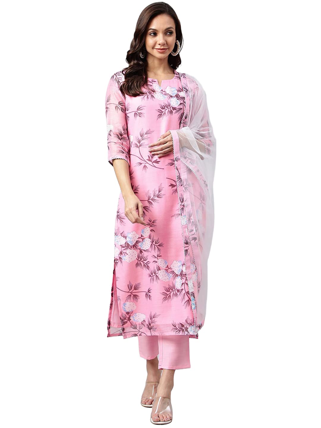 ANNI DESIGNER Womens Cotton Blend Printed Straight Kurta with Pant & Dupatta (Itta Sty Nw-Light Baby Pink_S_Light Baby Pink_Sma