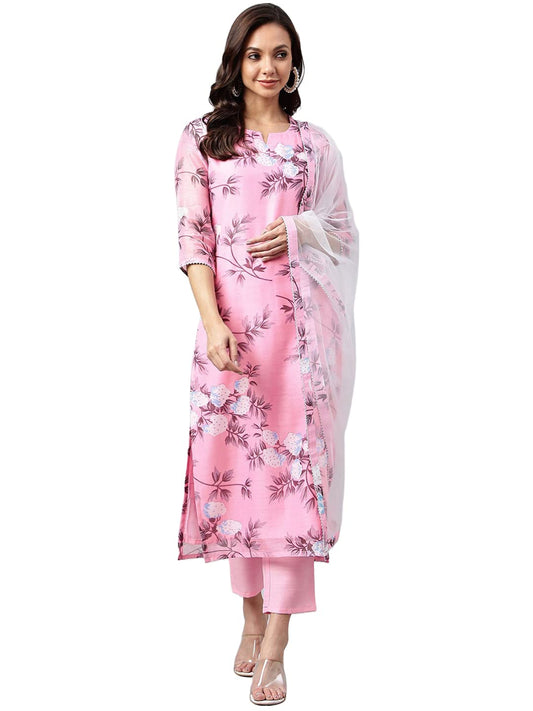 ANNI DESIGNER Womens Cotton Blend Printed Straight Kurta with Pant & Dupatta (Itta Sty Nw-Light Baby Pink_S_Light Baby Pink_Sma