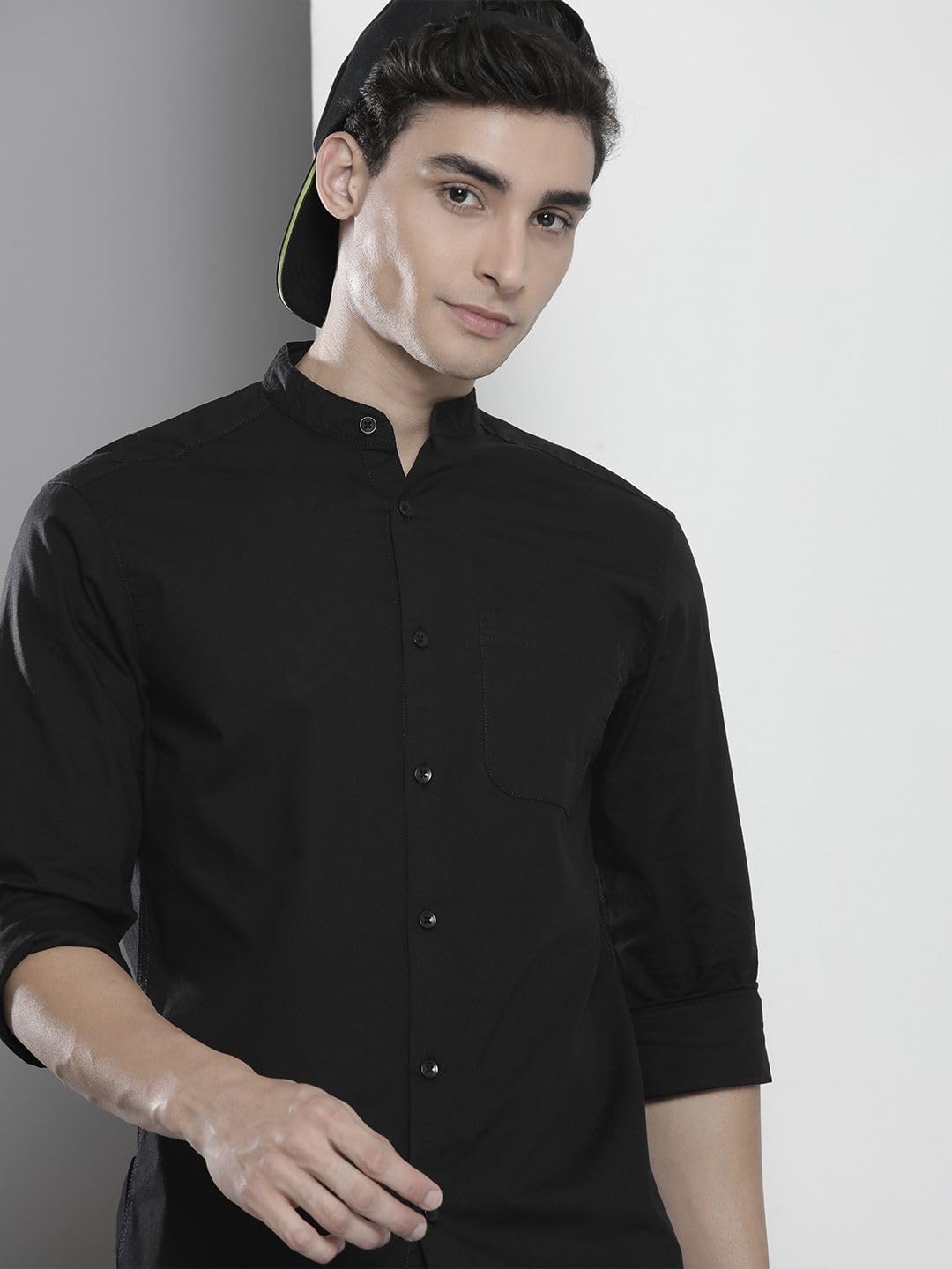 The Indian Garage Co Black Regular Fit Mandarin Collar Solid Long Sleeves Shirt