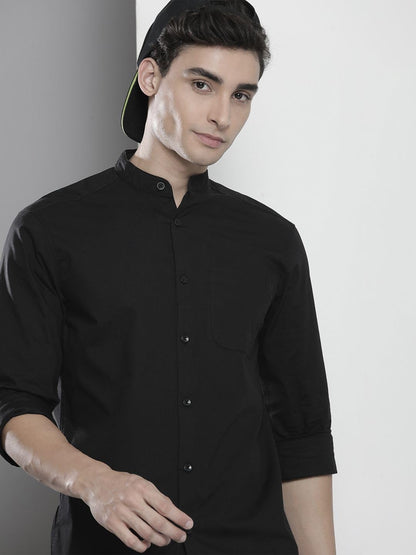 The Indian Garage Co Black Regular Fit Mandarin Collar Solid Long Sleeves Shirt