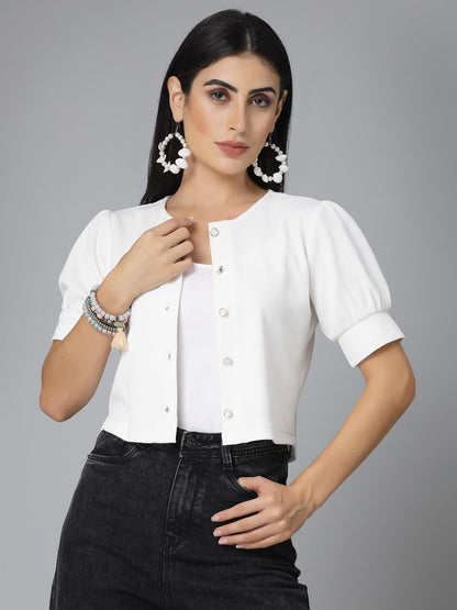 Style Quotient Women Solid White Polyknit Casual Open Front Shrug
