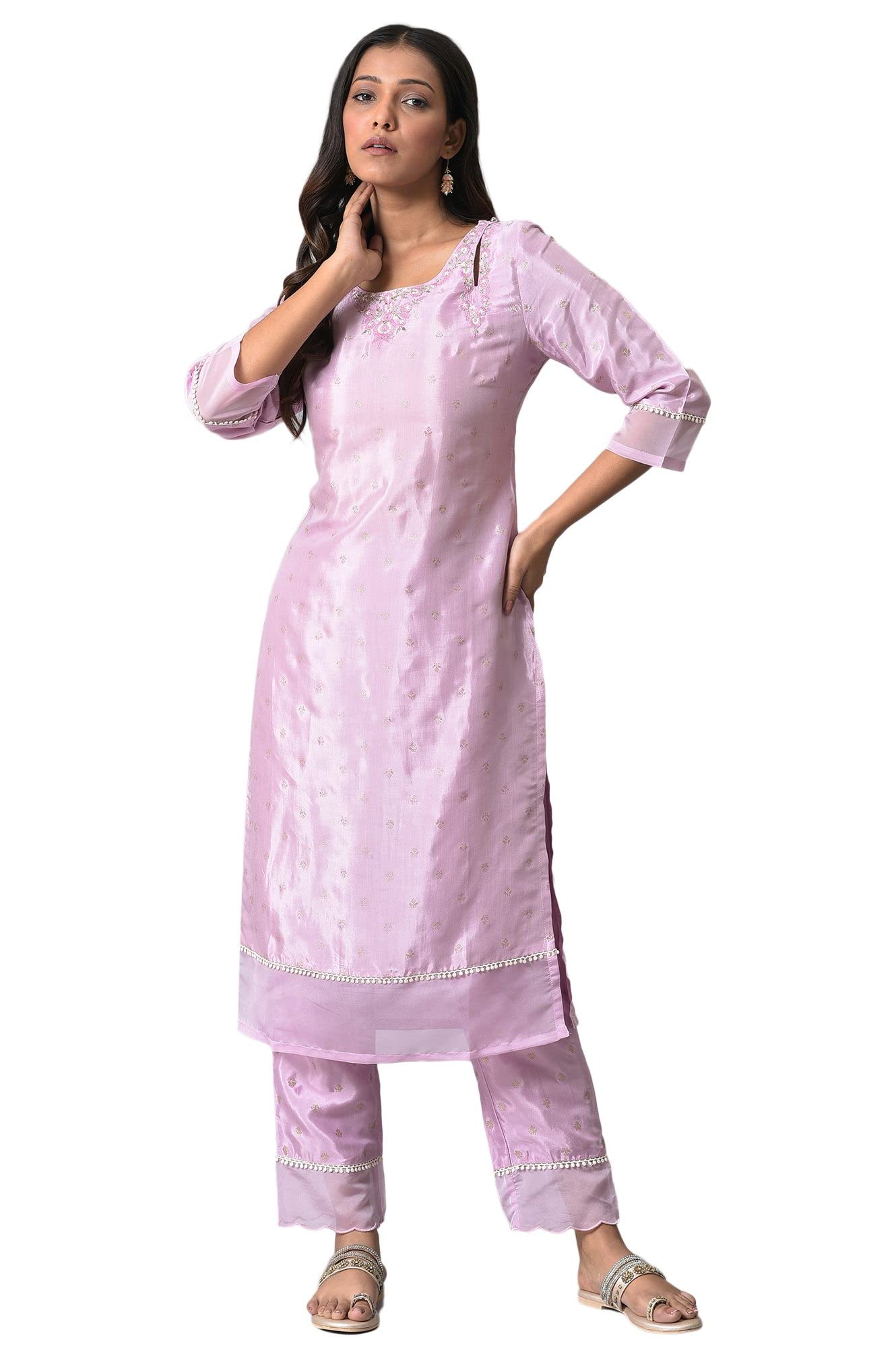W For Woman Light Purple Embroidered Glitter Straight Long Kurta