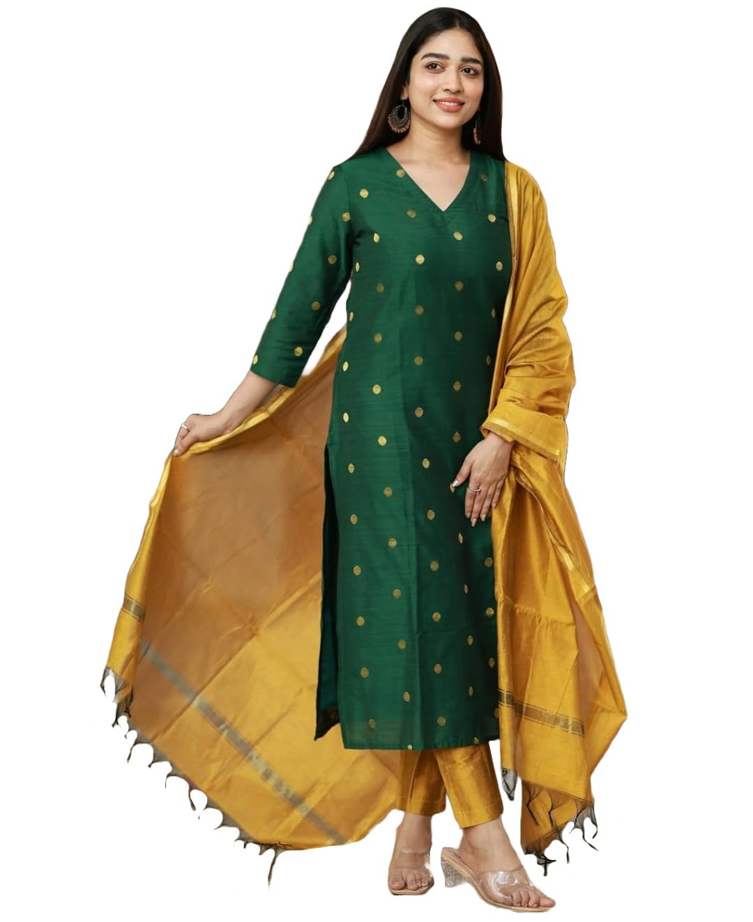 ANNI Designer Womens Rayon Viscose Print Straight Kurta with Pants & Dupatta, Green, 5XL