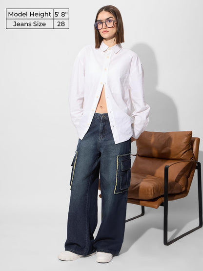 The Souled Store Wideleg Jeans : Sulphur Blue Wash Women and Girls Wide Leg Fit Cotton Cargo Jeans