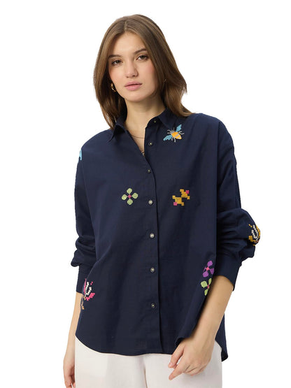The Souled Store Gardenia Women and Girls Long Sleeve Collared Neck Button Down Boyfriend Shirts Navy Blue