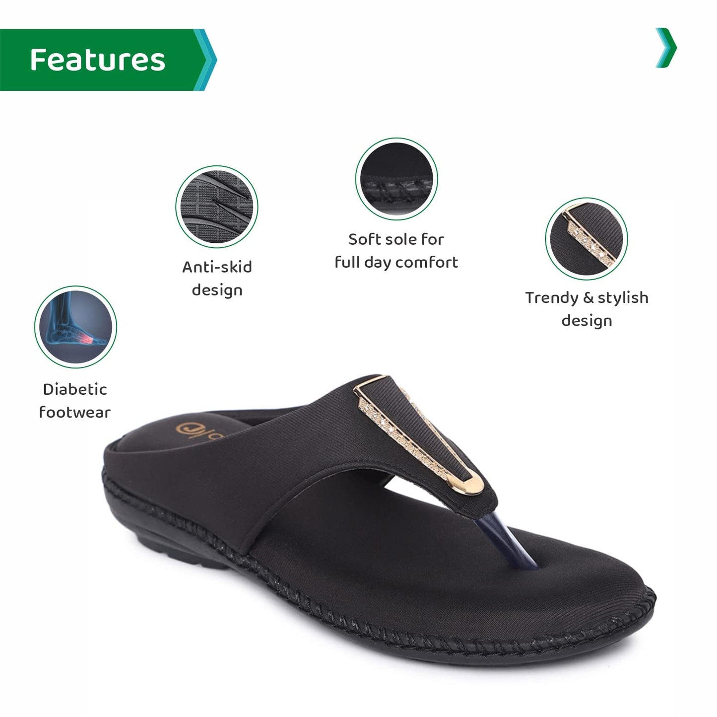 ORTHO JOY Fancy Doctor Slippers | Stylish Chappal For Women | Comfortable Flat Sandals For Women Stylish (Black)