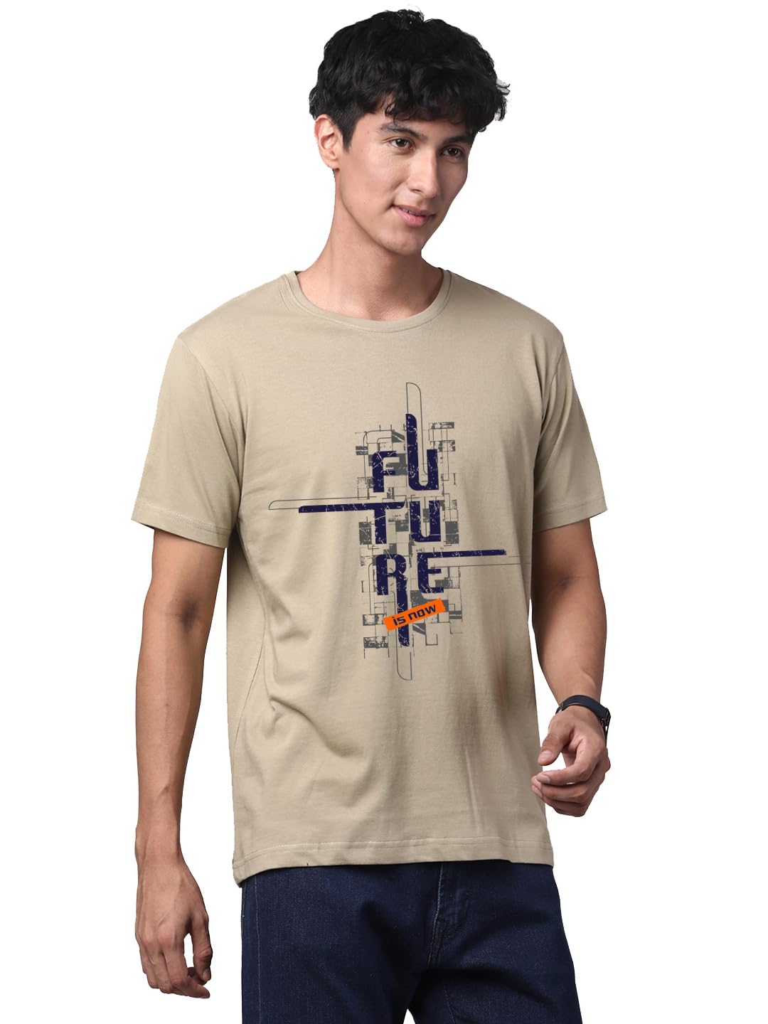ADRO Men's Graphic Printed 100% Cotton T-Shirt - Regular Fit, Printed T-Shirts for Men (RN24-FTR-BE_Beige)