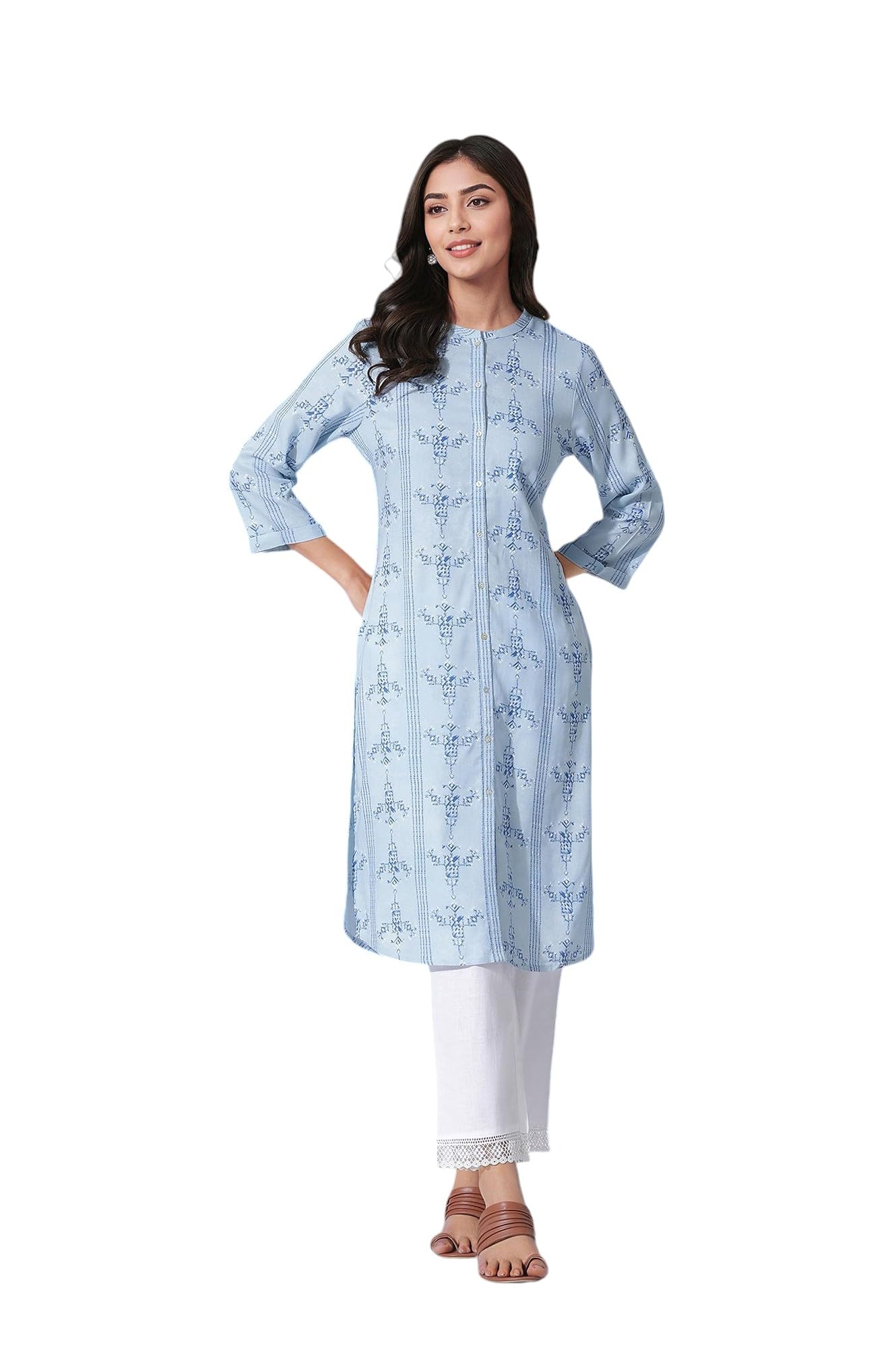 W For Women Blue Geometric Printed Straight Shirt Kurta And Straight Pants Set