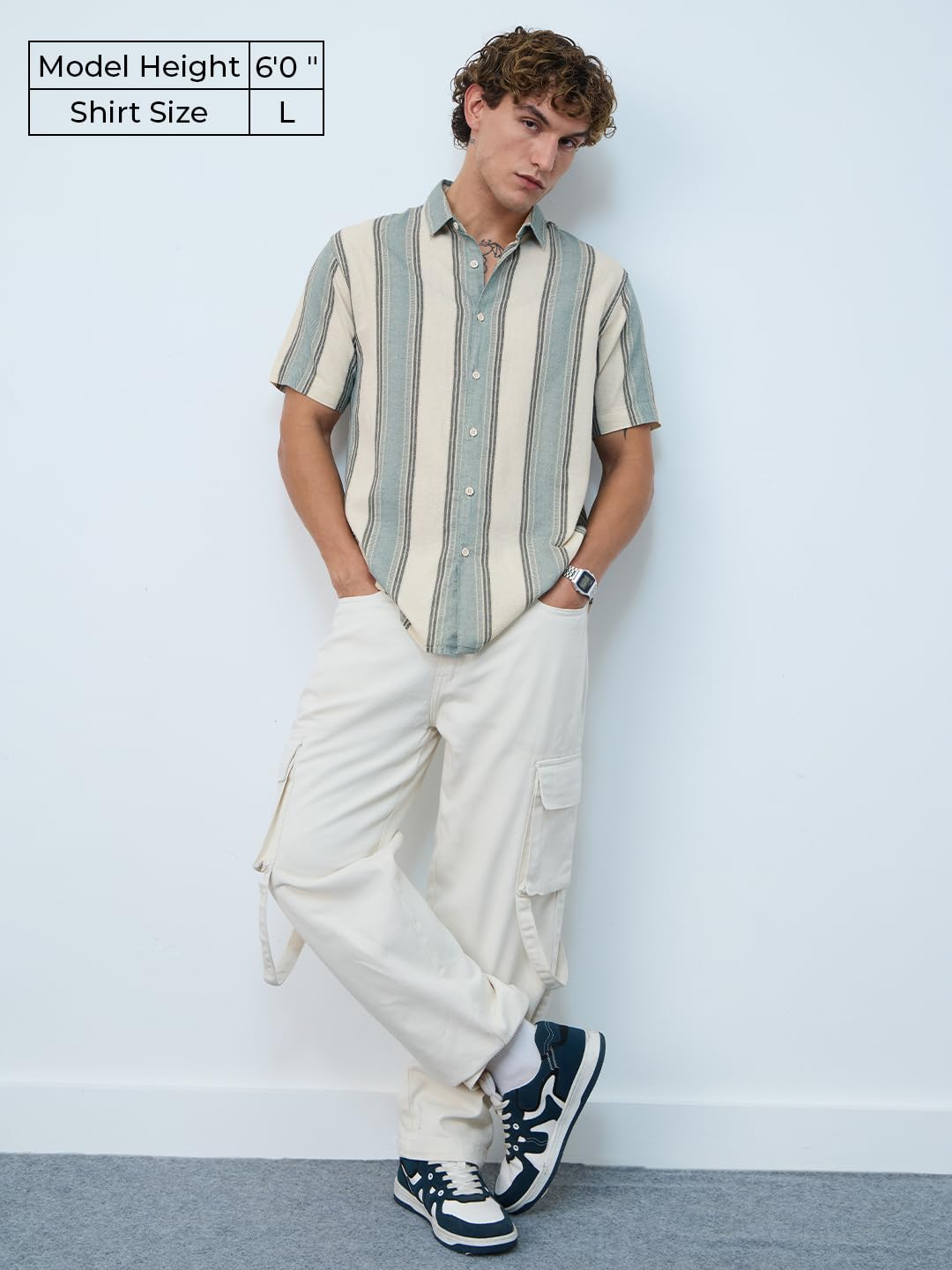 The Souled Store Stripes Shirt: Jade Haze Men and Boys Short Sleeves Collared Neck Cotton Linen Blend Regular Fit Casual Cotton