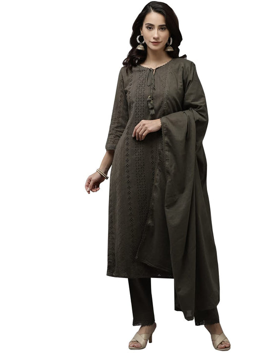 ishin Women's Pure Cotton Embroidered Thread Work Olive Woven Design Print A-Line Kurta suit set With Dupatta & Trouser