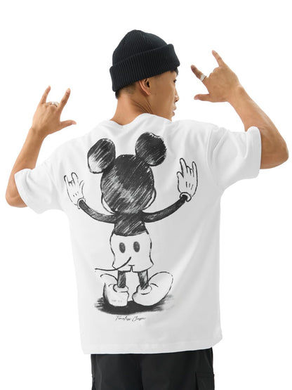 The Souled Store Official Mickey Mouse: Yo Men & Boys Short Sleeve Round Crew Neck White Graphic Printed Cotton Oversized T-Shir