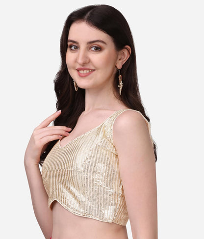 Pujia Mills Womens Multicolor Sweetheart Neck Georgette Line Soft Embroidery Sequence Zari Work Sleeves Readymade Saree Blouse