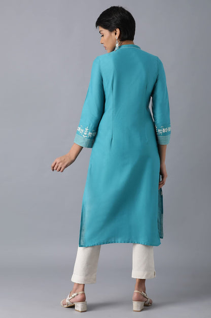 W Teal Floral Printed Cotton Blend Regular Kurta For Women