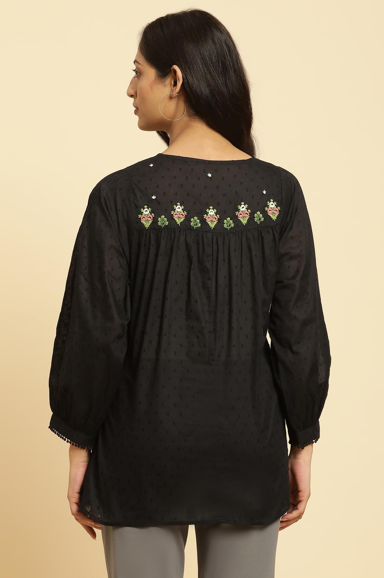 W Black Embroidered Cotton Tunic Top For Women