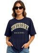 Juneberry Navy Blue & Beige Oversized Drop Shoulders Brand Logo Typography Print Round-Neck Relaxed Fit T-Shirt For Women (Jb_Os