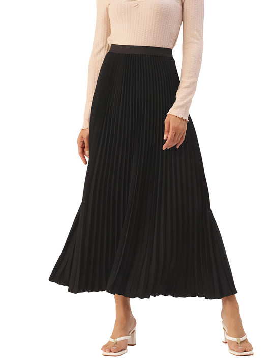 Kzully | Flowing Grace WomenS Satin Accordian Pleat Maxi Flared Skirt Black
