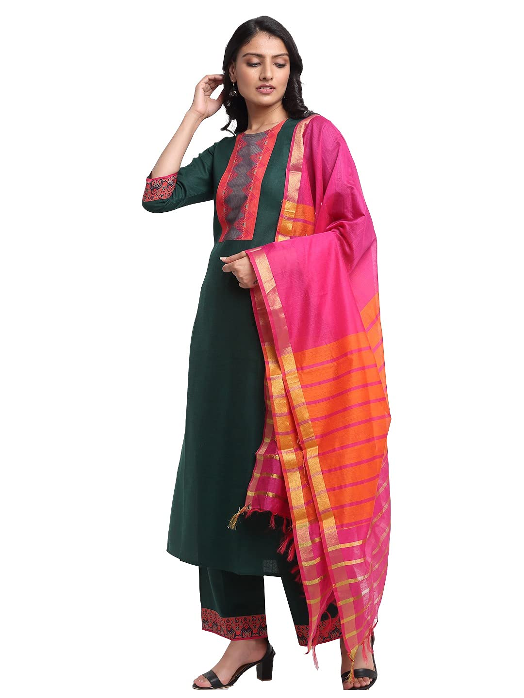 GoSriKi Women's Cotton Printed Straight Kurta with Palazzo & Dupatta (ANUPMA Green)