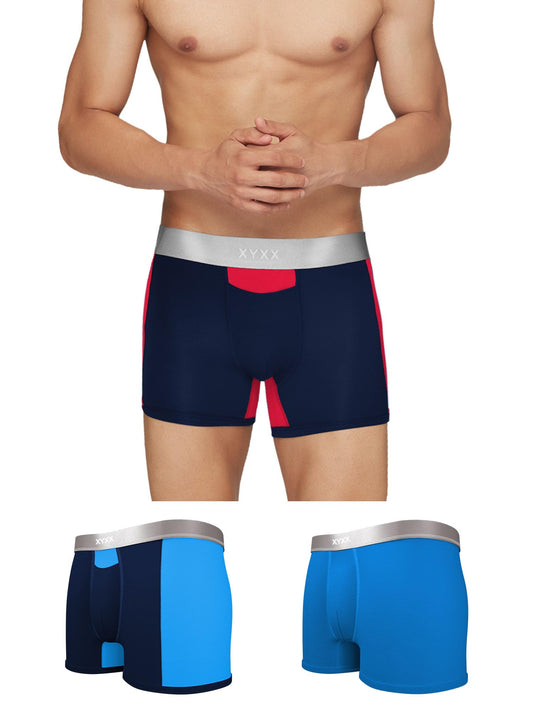 XYXX Mens Underwear Illuminati IntelliSoft Antimicrobial Micro Modal Trunk Pack of 3 (Black Iris & Tango Red ; Brilliant Blue ;