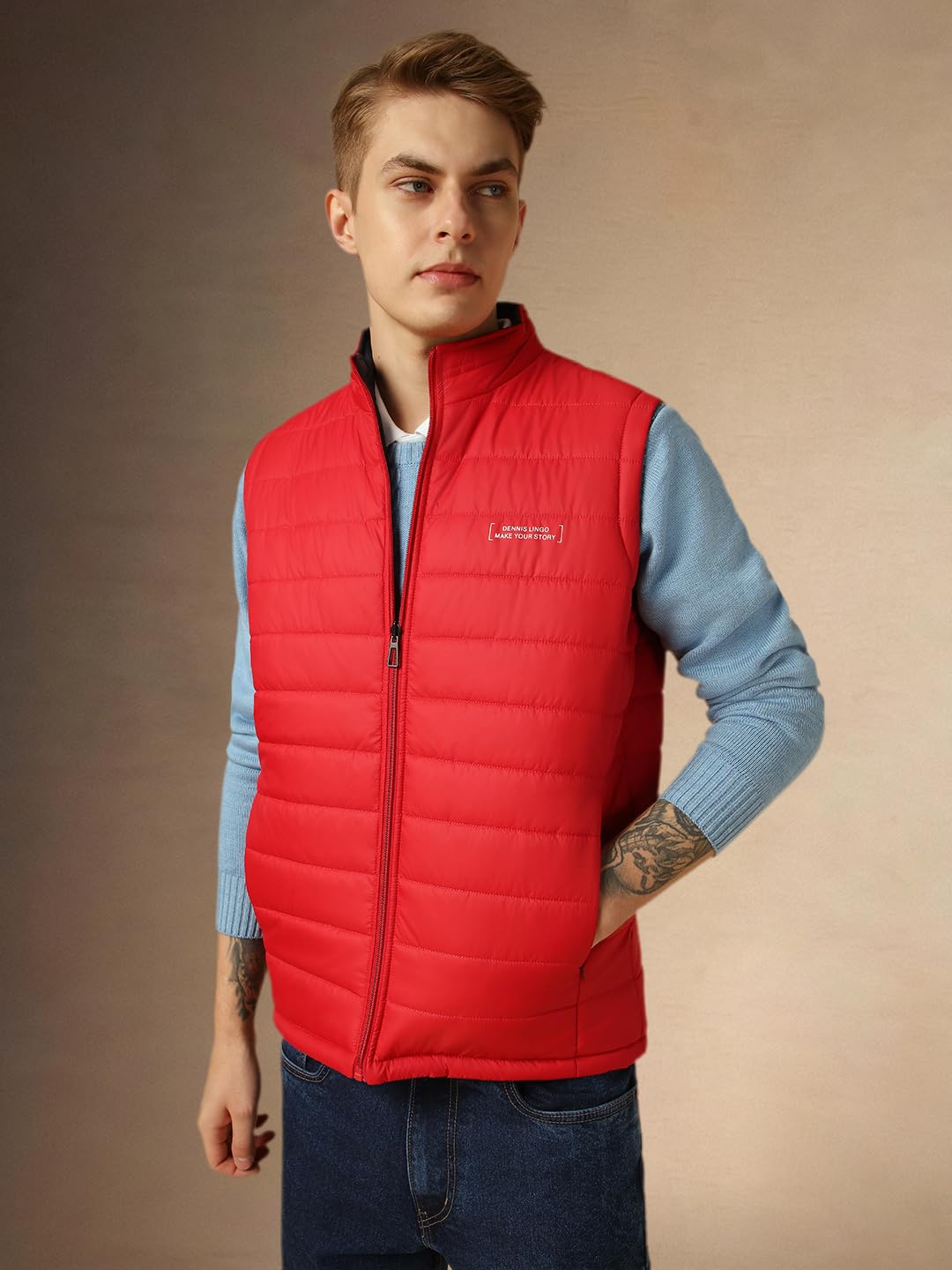 Dennis Lingo Men Red Solid Regular Fit Sleeveless Mock Collar Padded Jacket