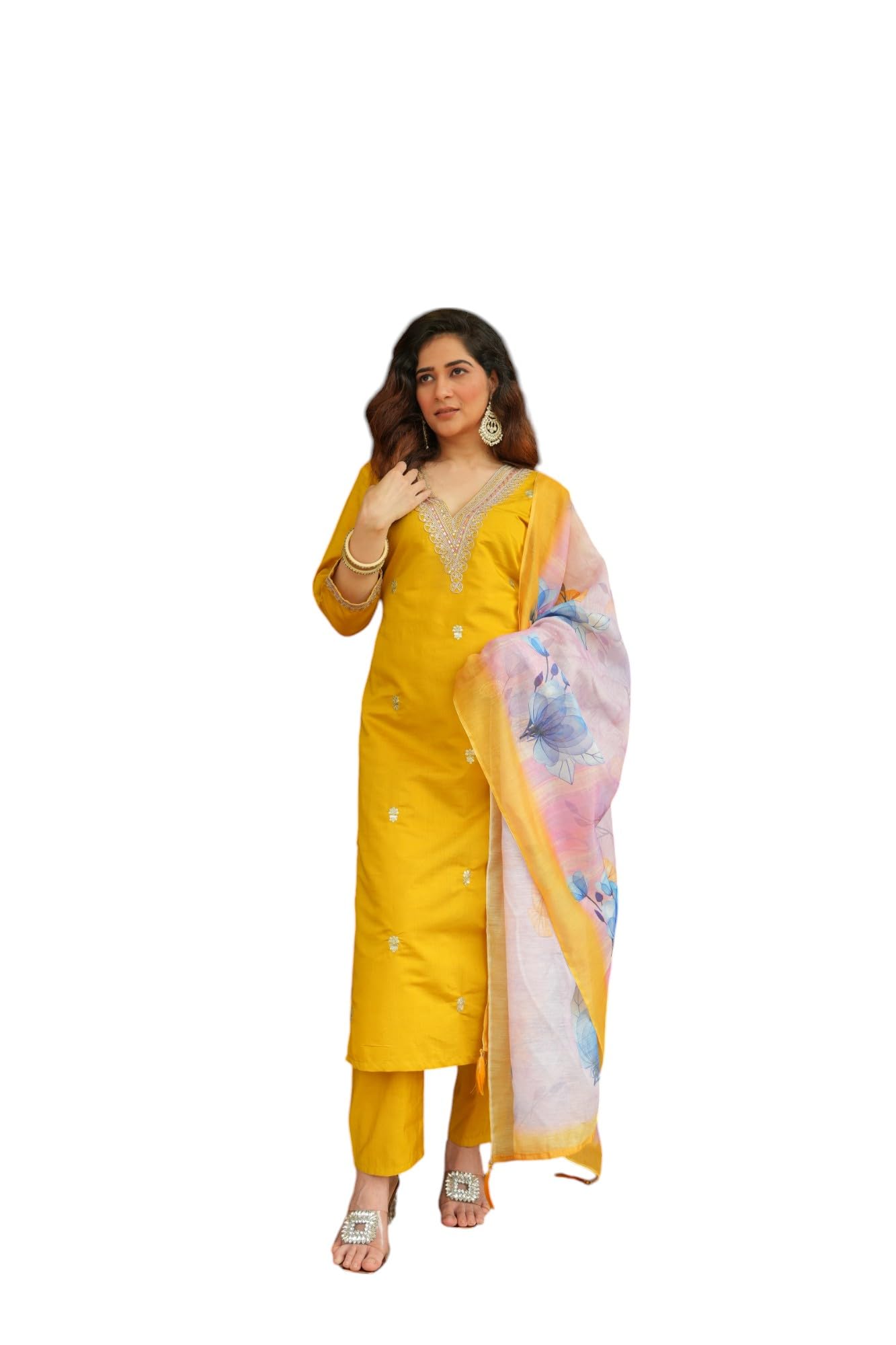Rieka Women Embroidered Kurta Set With Floral Printed Dupatta & Straight Pant | Ethnic Wear Set For Women | Silk Blend Kurta Set