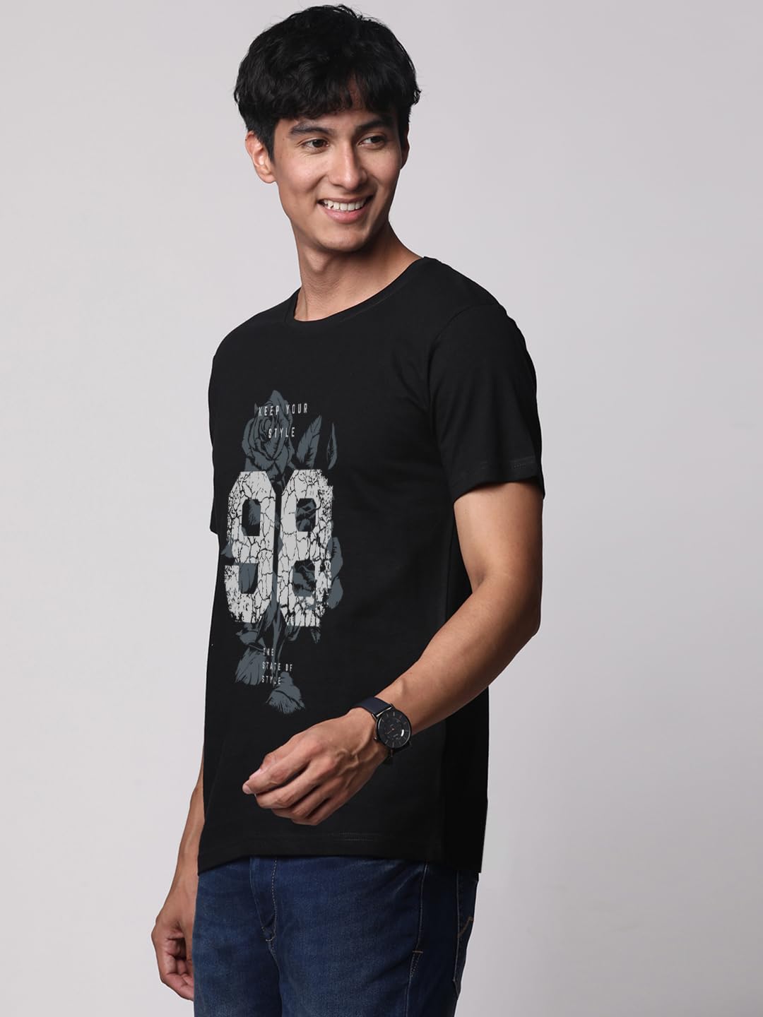 ADRO Graphic Printed T-Shirt for Men - 100% Cotton, Regular Fit, Soft Breathable Fabric. (RN23-M-98-BL_Black)