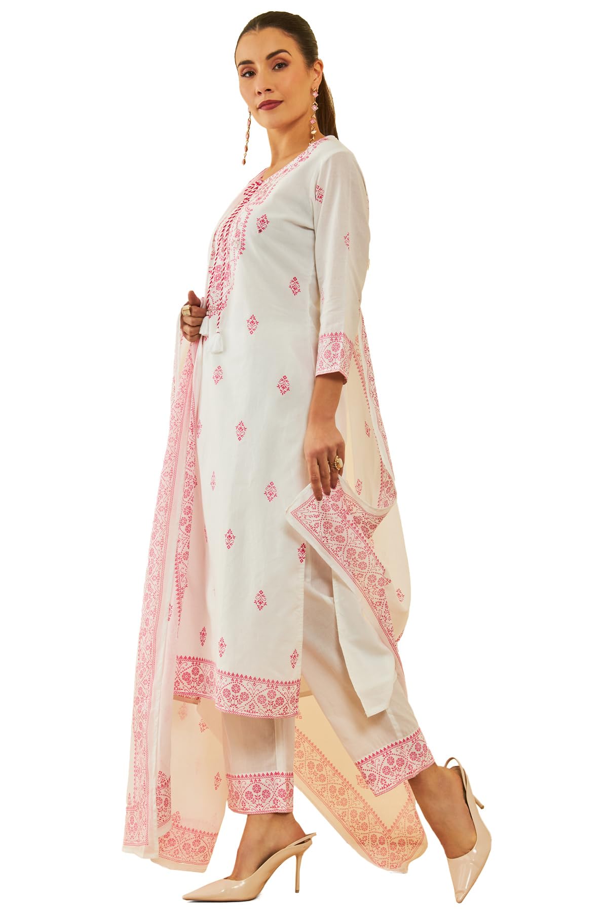 Soch Womens White & Red Cotton Floral Printed Suit Set With Cutdana Details