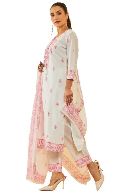 Soch Womens White & Red Cotton Floral Printed Suit Set With Cutdana Details